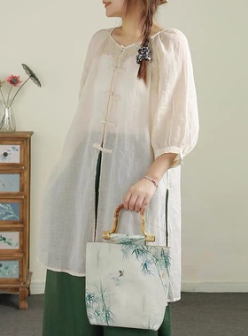 19537小莲~刺绣盘扣苎麻连衣裙休闲气质对襟大开衫灯笼袖防晒衣女
