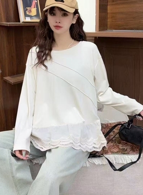 20984全棉钩花刺绣圆领长袖宽松显瘦百搭内搭T恤上衣洋气打底衫女