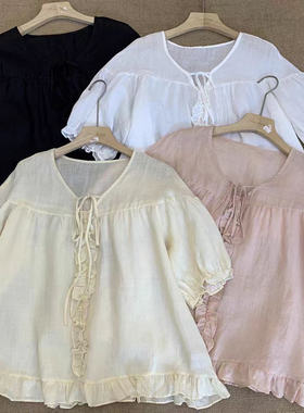 22721欧洲站夏季新款V领苎麻绑带木耳边落肩袖衬衫宽松显瘦上衣潮