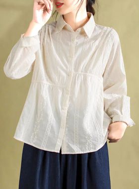 20987春季新款纯色简约文艺刺绣拼接设计翻领长袖衬衫显瘦衬衣女