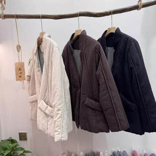 麻小姐~23598复古V领100%汉麻棉衣汉服式花苞棉袄保暖棉服外套女