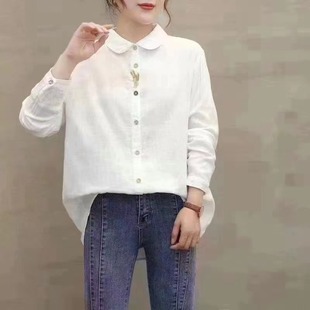 13831柔软双层纱纯棉衬衫 百搭衬衣女 麦穗刺绣门襟单排扣宽松大码