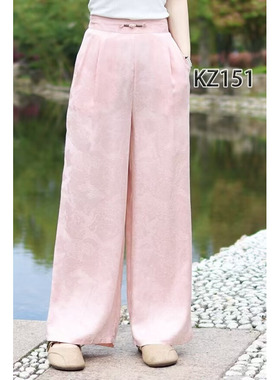 雷氏家~22445设计感半松紧腰暗纹提花天丝麻休闲裤显瘦百搭直筒裤