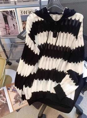 20772慵懒风条纹连帽针织衫设计感小众宽松显瘦长袖套头帽衫毛衣