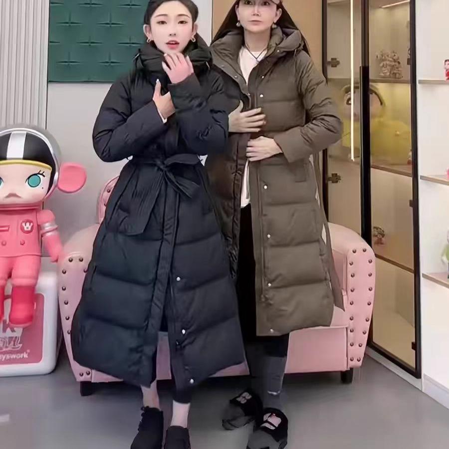中长款过膝连帽加厚白鸭绒外套女