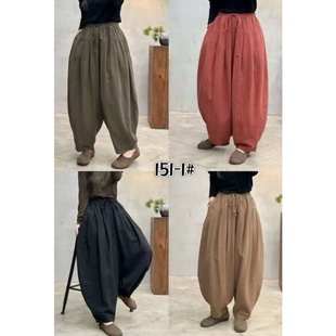 保暖裤 纯苎麻哈伦裤 捏褶夹棉加厚棉裤 23338复古松紧腰小脚老爹裤