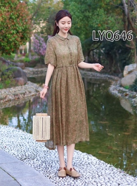 19397雷氏~收腰显瘦POLO领苎麻衬衫裙半开扣套头连衣裙碎花长裙女