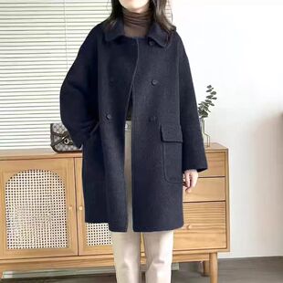 23446双面羊绒大衣女澳洲超细羊毛中长款高级感双排扣炭黑色外套