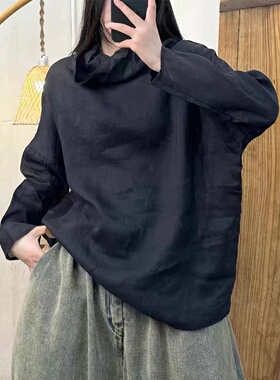 18586复古苎麻精包边堆堆领长袖套头衬衫文艺宽松轻薄大码上衣女