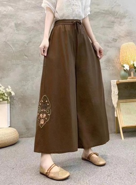 18737复古百搭松紧腰系带棉麻阔腿裤刺绣宽松显瘦裙裤大摆休闲裤