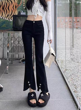 22274设计感小黑裤高腰弹力微喇叭裤洋气百搭显瘦紧身裤九分裤女