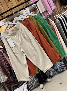 14310纯色全棉弹力休闲裤风琴捏褶半松紧高腰大码直筒长裤哈伦裤