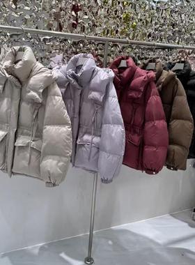 20714韩版泡芙感加厚连帽羽绒服休闲飘带保暖面包服白鸭绒外套女