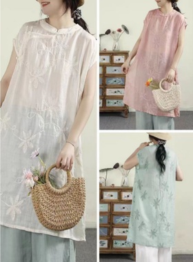 小莲~22798新中式斜襟盘扣刺绣单层苎麻衬衫改良旗袍中长款连衣裙