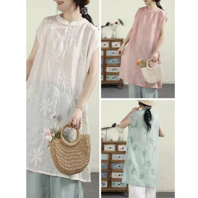 新中式斜襟盘扣刺绣苎麻中长裙女