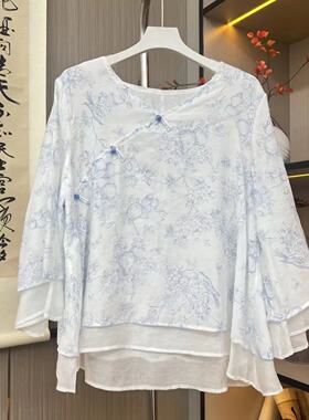18704复古斜襟国风盘扣衬衫双层棉麻茶服印花禅意小衫倒大袖上衣