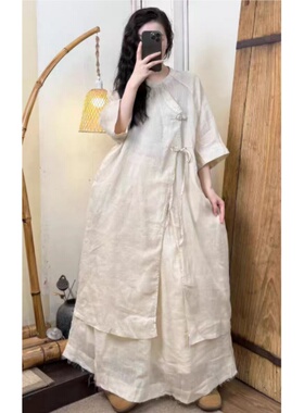 小莲~22327新中式高开叉纯苎吗连衣裙国风盘扣禅意高端飘逸袍子女