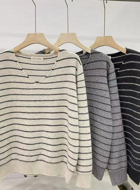 23314慵懒风韩系减龄V领套头亮片条纹长袖毛线显瘦百搭针织衫上衣