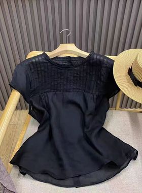 22796木耳边风琴压褶苎麻短袖衬衫法式套头百搭别致薄款减龄上衣