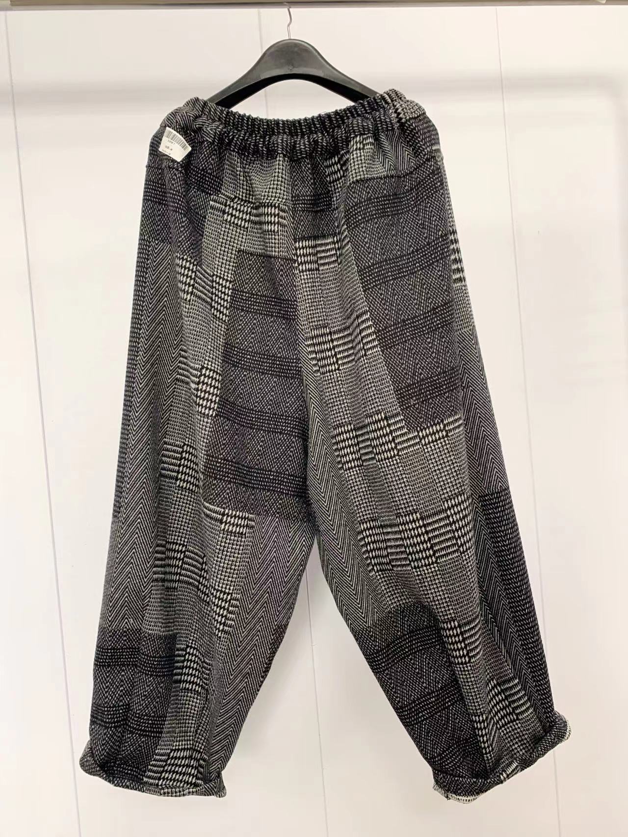 以钻宽松格纹毛呢裤子包邮