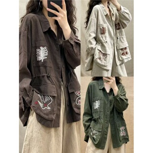 24362曼~重工刺绣老钱风精包边亚麻长袖外套工装多口袋派克服风衣