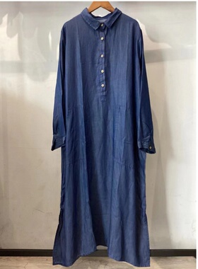 19876复古风纯棉薄半开襟翻领深蓝色长款裙子全棉牛仔衬衫连衣裙
