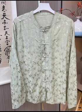 18397新中式暗纹提花盘扣长袖衬衫高级感缎面刺绣气质宽松衬衣女