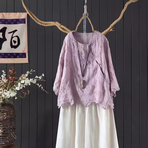 苎麻小衫国风刺绣减龄显瘦上衣女