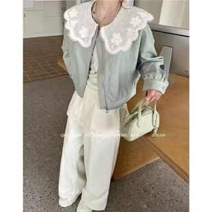 21191欧洲站高级感蕾丝拼接娃娃领皮衣小个子短外套显瘦夹克上衣