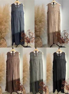 22508压皱苎麻莱赛尔纯色圆领背心裙无袖a字裙文艺简约显瘦长裙女