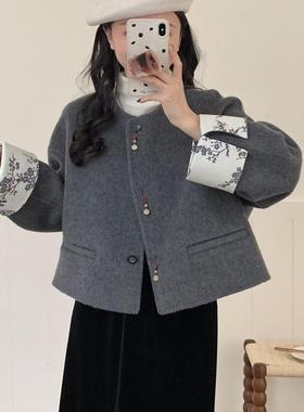 20904双面羊毛毛呢外套女小个子春新款圆领复古国风宽松短款大衣