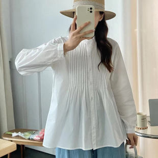 衬衫 长袖 百搭单排扣衬衣 下摆娃娃衫 21198设计感风琴压褶立领裙式