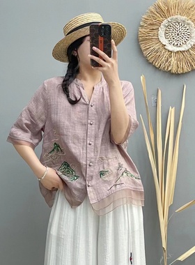 18492欧根纱拼苎麻衬衫内包边国风绿水青山绣花斜纹纯苎麻大码开