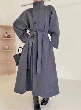 20127澳洲超细双面呢纯羊毛毛呢外套收腰系带宽松长款呢子大衣女