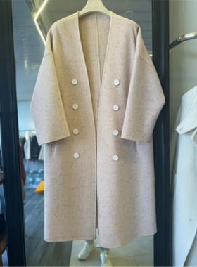20540别致大V领双排扣~高品质纯羊毛双面呢外套过膝长款羊绒风衣