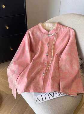 18316新中式流苏盘扣长袖外套国风腰果花烫金提花唐装休闲上衣女