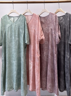 22409莱赛尔苎麻炒色工艺 斜裁工艺 随意自然宽松小众V领连衣裙夏