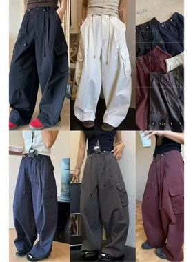 23208百搭减龄半松紧腰设计全棉工装裤宽松显瘦阔腿裤休闲裤长裤