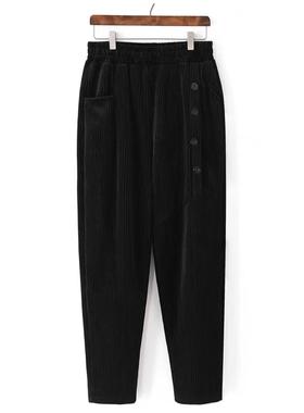 16583复古灯芯绒休闲裤高腰松紧腰不对称纽扣加绒加厚宽松长裤女