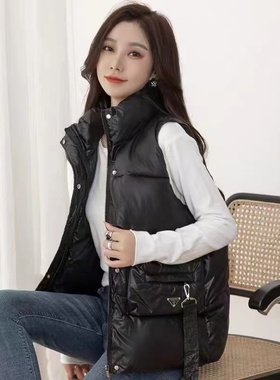 16404韩版拉链飘带羽绒棉马甲宽松立领马夹免洗亮面外穿坎肩背心