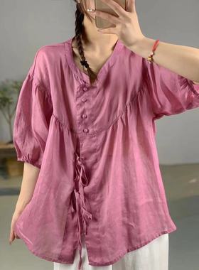 13417设计感纯苎麻立领衬衫内精包边侧门襟系带宽松包扣上衣开衫