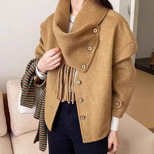 20312秋长绒毛可脱卸围脖短款双面羊绒大衣韩系超好看毛呢外套女