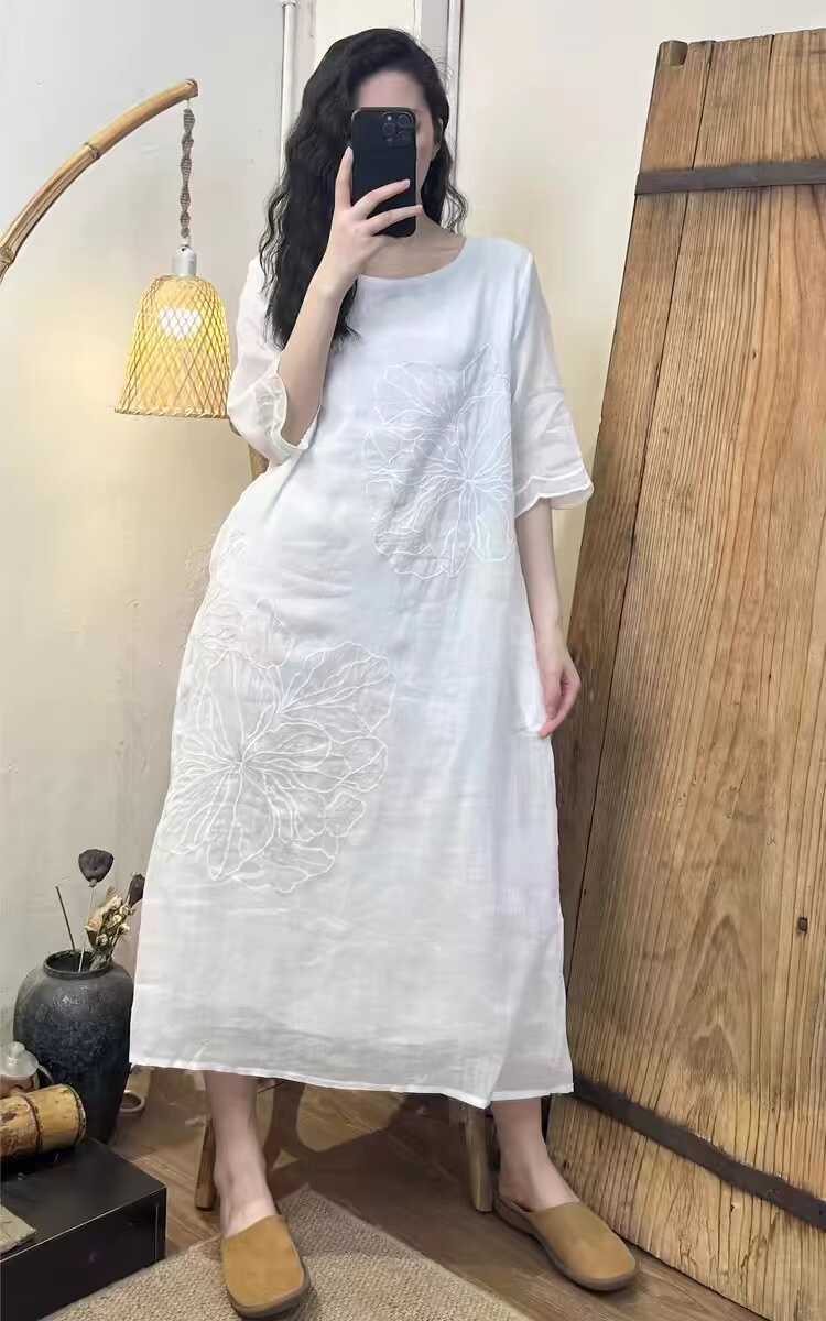 19258小莲~高端刺绣双层100%苎麻连衣裙宽松长裙百搭显瘦绣花裙女