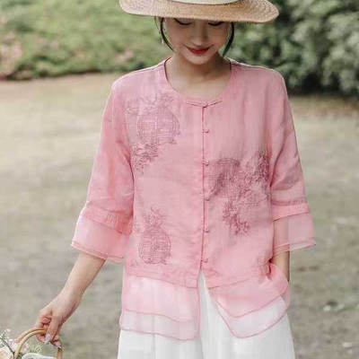 苎麻小衫国风显瘦单排扣上衣衬衣