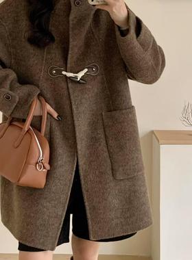 20912绵羊毛连帽牛角扣双面羊绒大衣韩系超好看宽松羊毛呢外套女