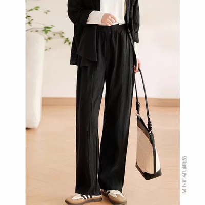 以钻百搭松紧腰亚麻休闲裤长裤