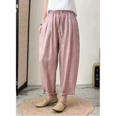 松紧腰抽绳系带复古亚麻哈伦裤女