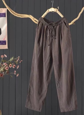 19713小莲~宽松禅意钩花口袋长裤松紧腰高腰天丝苎麻小脚休闲长裤