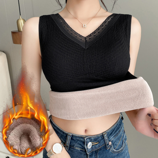 加绒加厚吊带背心女带胸垫蕾丝气质V领内搭外穿性感秋冬保暖上衣