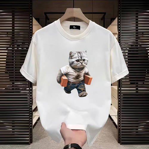 美式潮牌搬砖猫咪印花情侣上衣